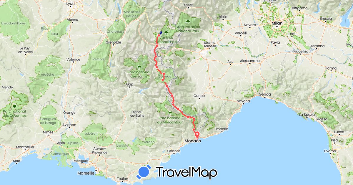 TravelMap itinerary: driving, hiking in France, Italy (Europe)