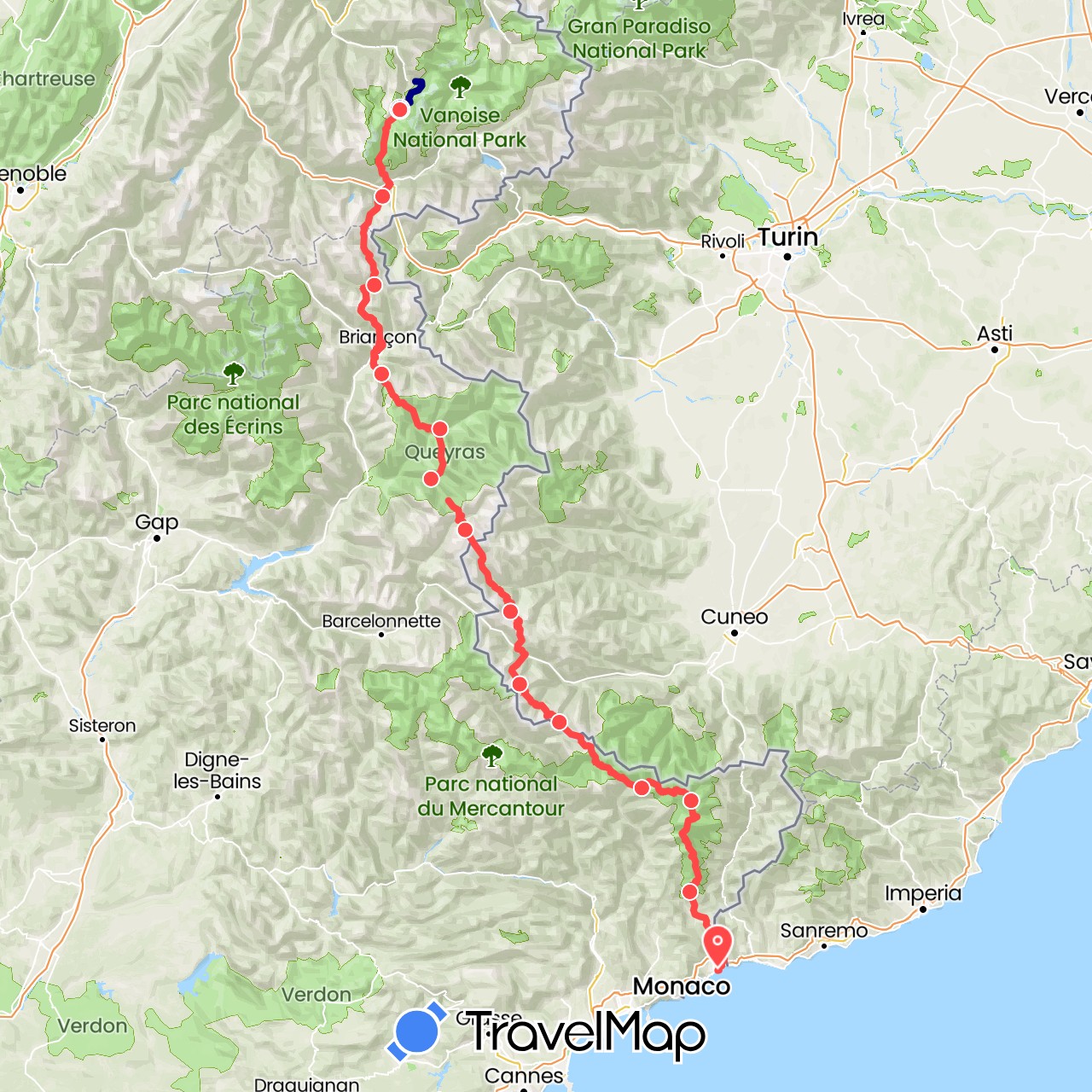 TravelMap itinerary: driving, hiking in France, Italy (Europe)