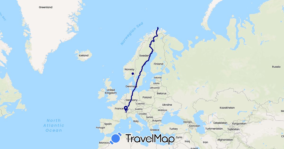 TravelMap itinerary: driving in Switzerland, Germany, Denmark, Finland, France, Norway, Sweden (Europe)