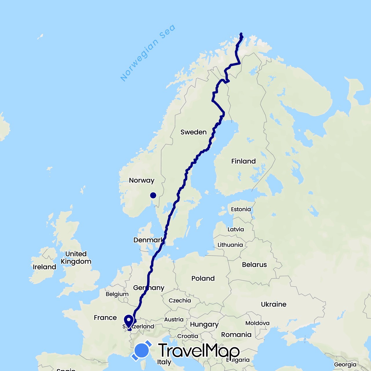TravelMap itinerary: driving in Switzerland, Germany, Denmark, Finland, France, Norway, Sweden (Europe)