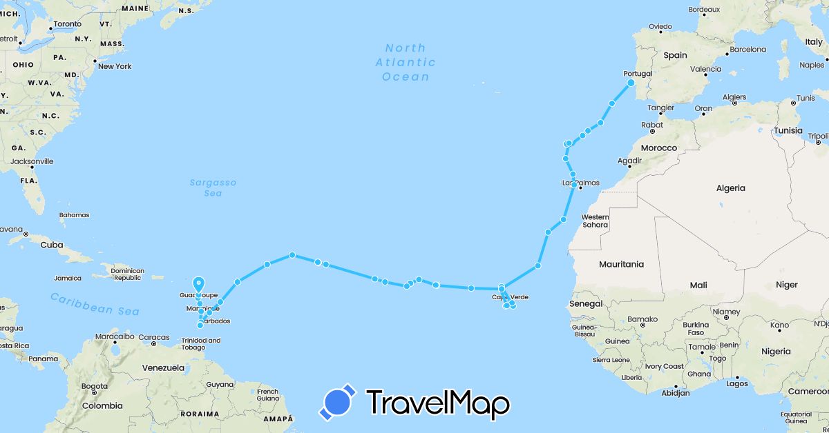 TravelMap itinerary: driving, boat in Cape Verde, Spain, France, Portugal, Saint Vincent and the Grenadines (Africa, Europe, North America)
