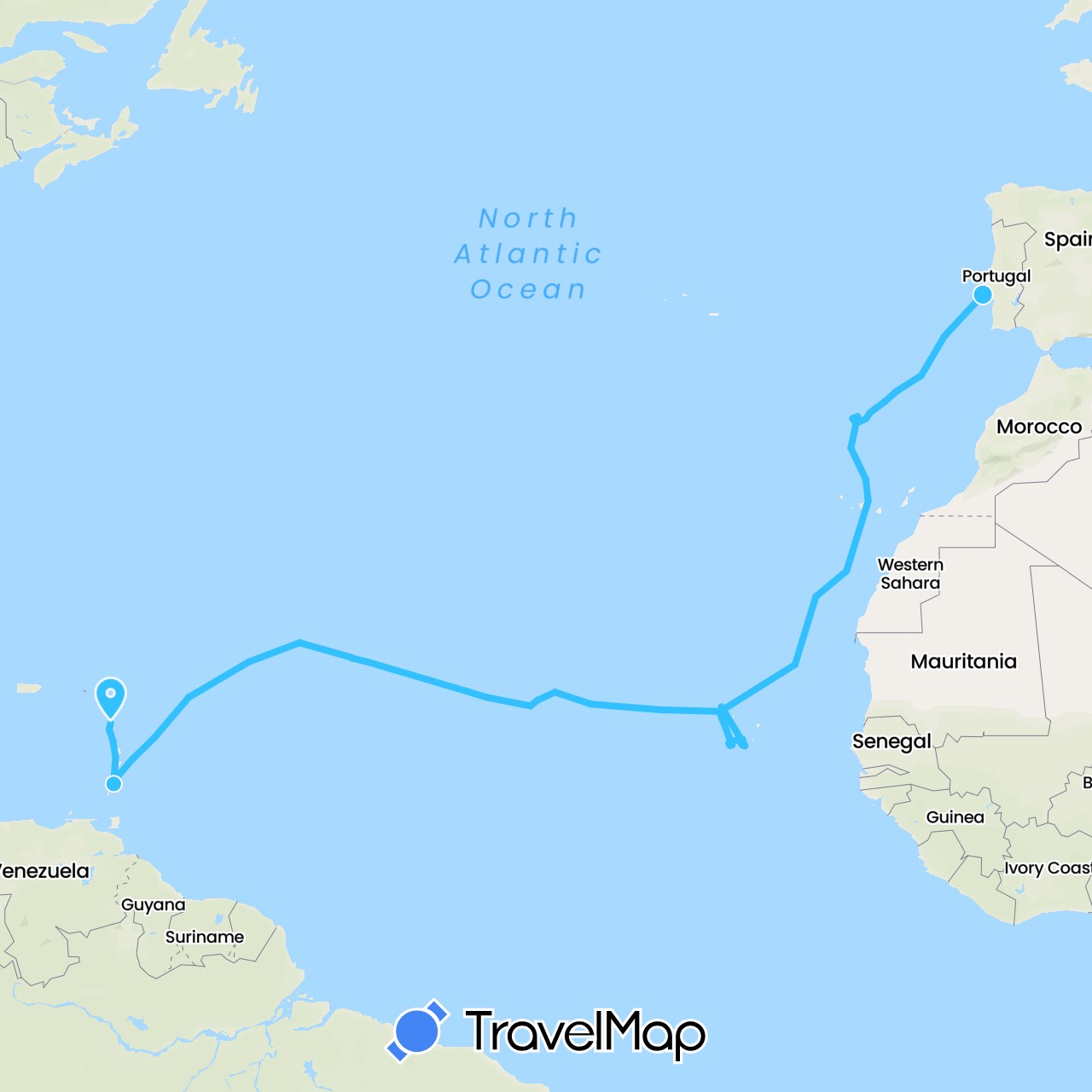 TravelMap itinerary: driving, boat in Cape Verde, Spain, France, Portugal, Saint Vincent and the Grenadines (Africa, Europe, North America)