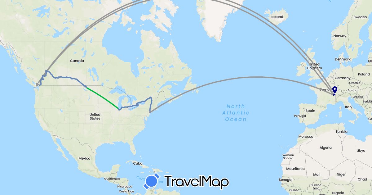 TravelMap itinerary: driving, bus, plane, cycling in Canada, Switzerland, France, United Kingdom, United States (Europe, North America)