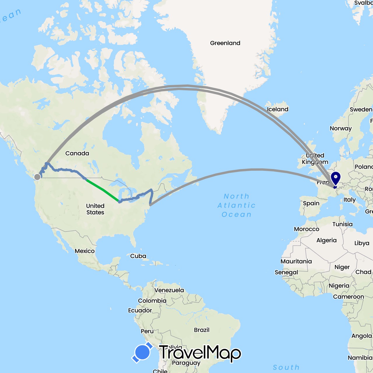 TravelMap itinerary: driving, bus, plane, cycling in Canada, Switzerland, France, United Kingdom, United States (Europe, North America)